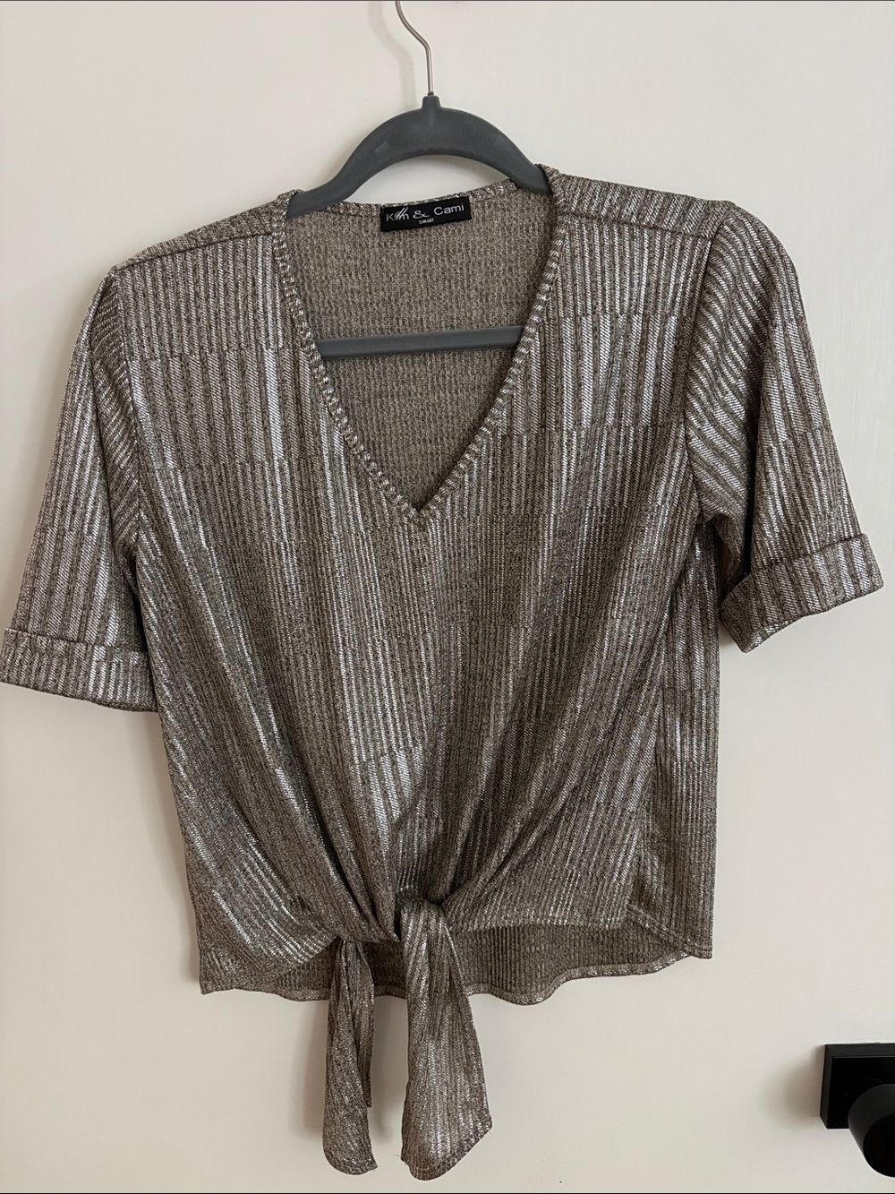 Kim & Cami Metallic Taupe Tie-Front V-Neck Crop Top